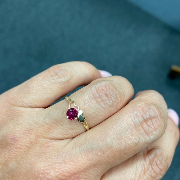 Solid 14K Yellow Gold Red Heart CZ Engagement Ring - Picture 11 of 14